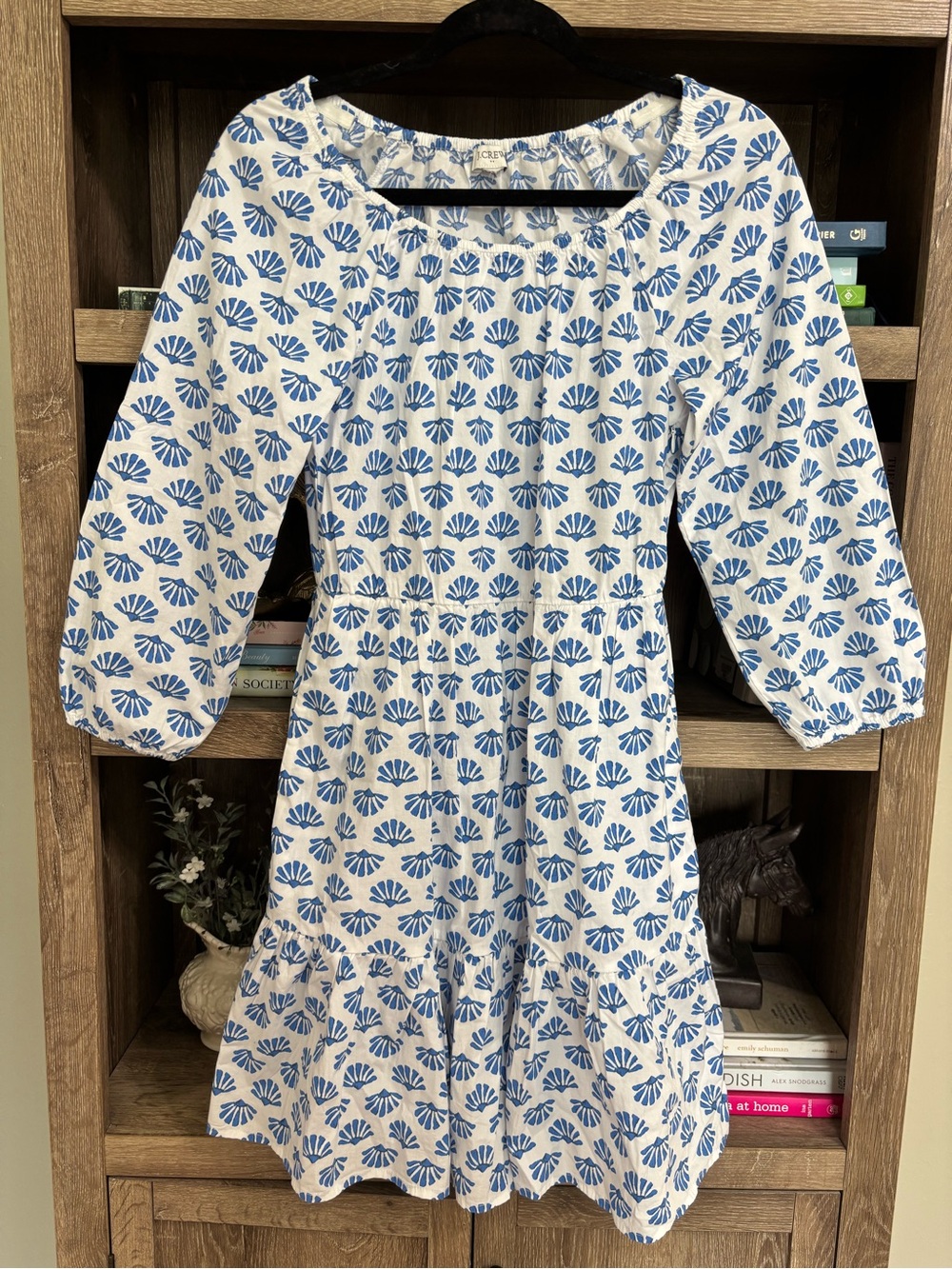 J. Crew White Cotton Dress with Blue Shell Motif